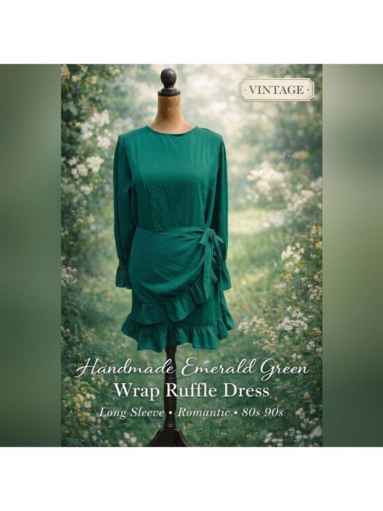 Vintage Dresses & Skirts - Vintage Handmade Emerald Green Wrap Ruffle Dress Small Romantic 80s 90s